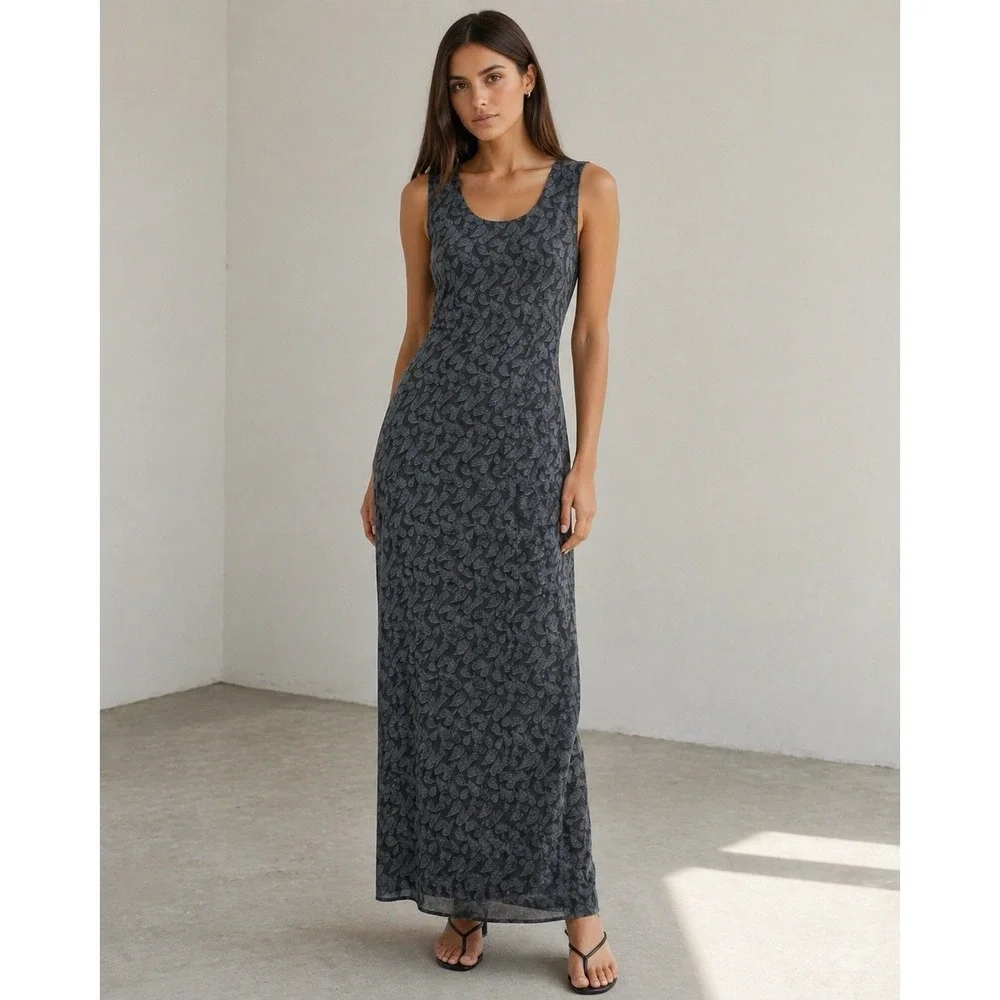 Banana Republic Sz 8 Gray 100% Silk Leaf Maxi Sheath Dress Sleeveless Back Slit - Picture 3 of 12